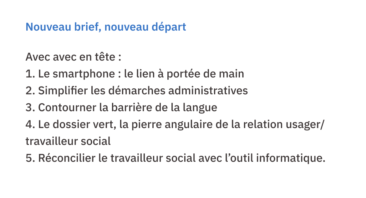 Nouveau brief, nouveau départ Avec avec en tête: 1. Le smartphone : le lien à portée de main 2. Simplifier les démarches administratives 3. Contourner la barrière de la langue 4. Le dossier vert, la pierre angulaire de la relation usager/travailleur social 5. Réconcilier le travailleur social avec l'outil informatique.