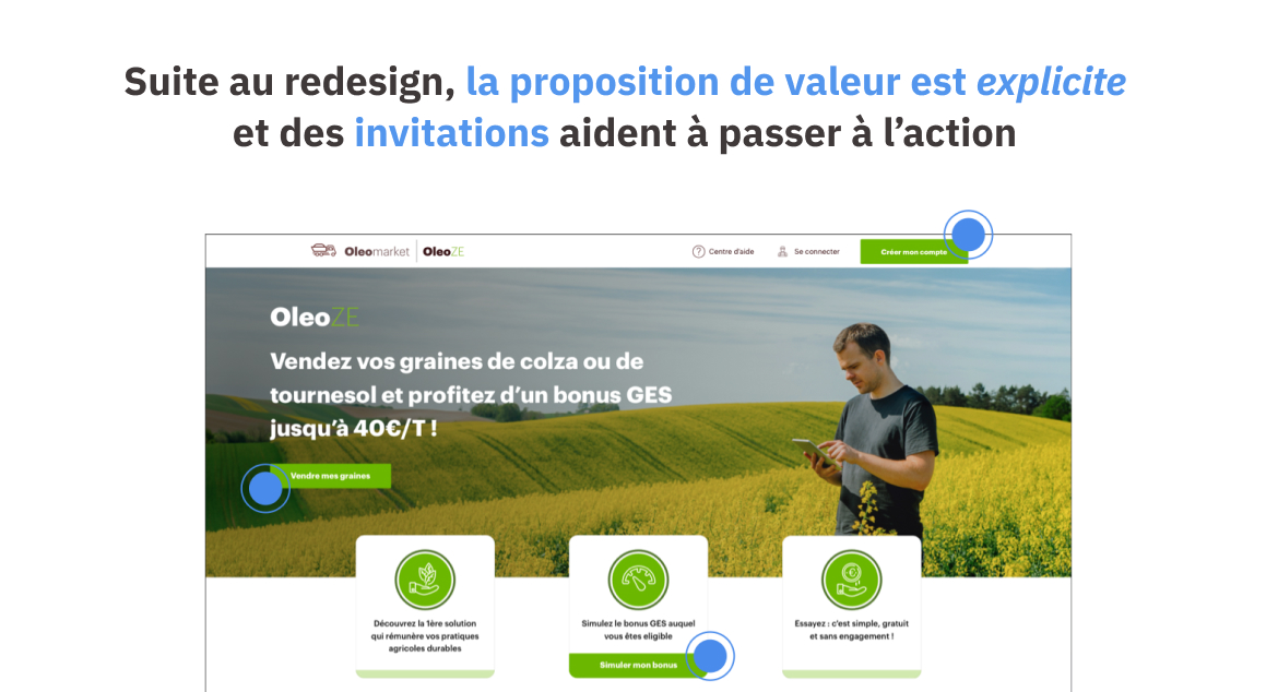 Suite au redesign, la proposition de valeur est explicite et des invitations aident à passer à l'action