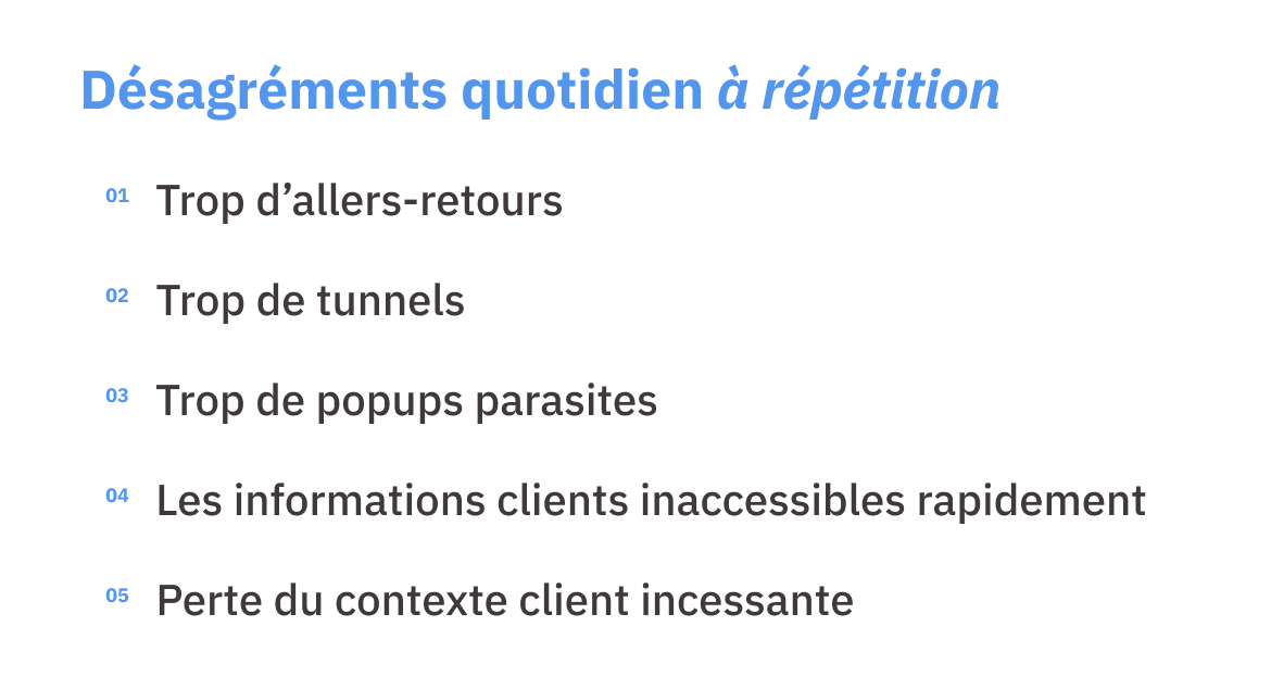 Désagréments quotidien à répétition 01 Trop d'allers-retours 02 Trop de tunnels 03 Trop de popups parasites 04 Les informations clients inaccessible rapidement 05 Perte du contexte client incessante