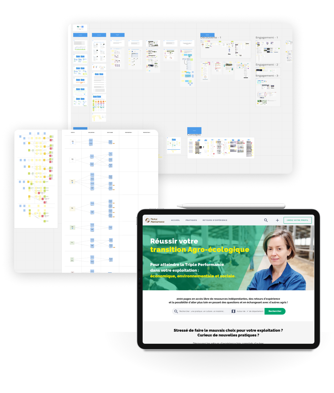 Cartes de parcours, tableau de données et portail web présentés sur tablette et ordinateur.