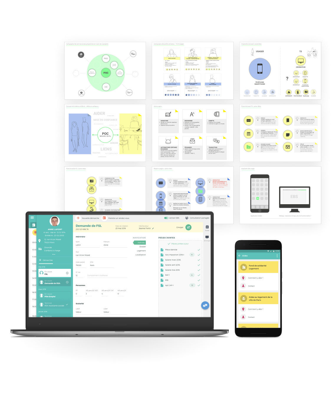 Schémas d’interface et application métier présentée sur ordinateur et téléphone.