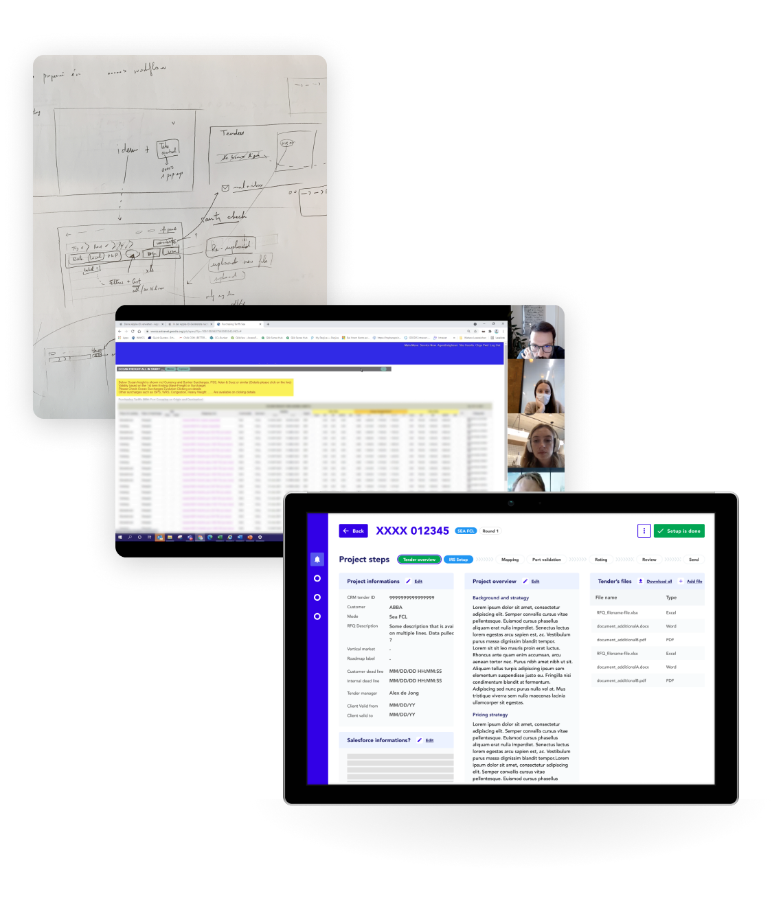 Croquis, tableau de suivi et interface de gestion avec liste d’enregistrements.