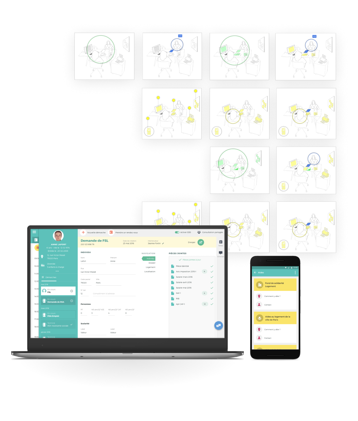 Schémas de parcours et interface de gestion présentée sur ordinateur et téléphone.