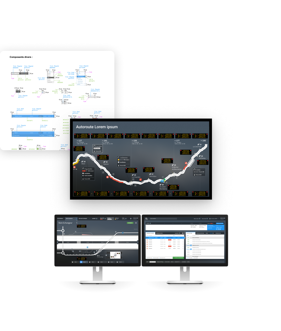 Schémas de parcours, profil de terrain et interfaces de contrôle sur plusieurs écrans.