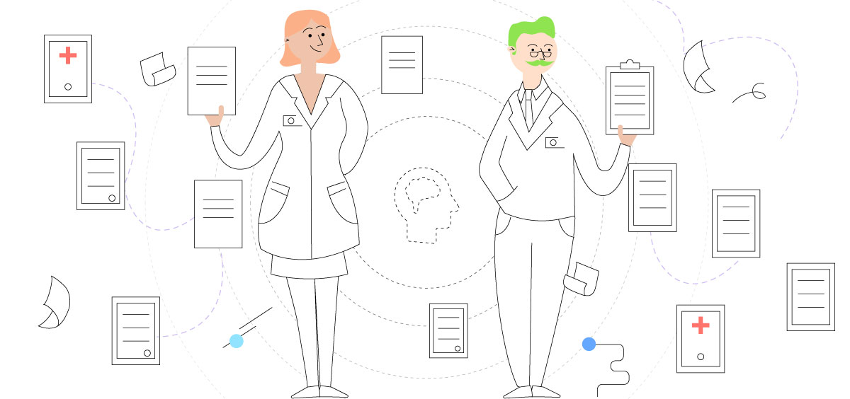Illustration au trait : deux soignants présentent des documents médicaux autour d’une tête stylisée