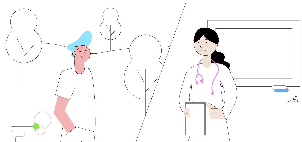 Illustration au trait : un patient discute avec une soignante munie d’un stéthoscope