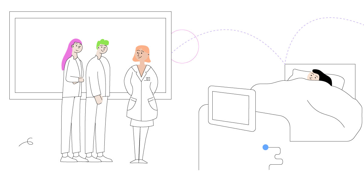 Illustration au trait : une équipe médicale échange près d’un patient alité relié à un écran