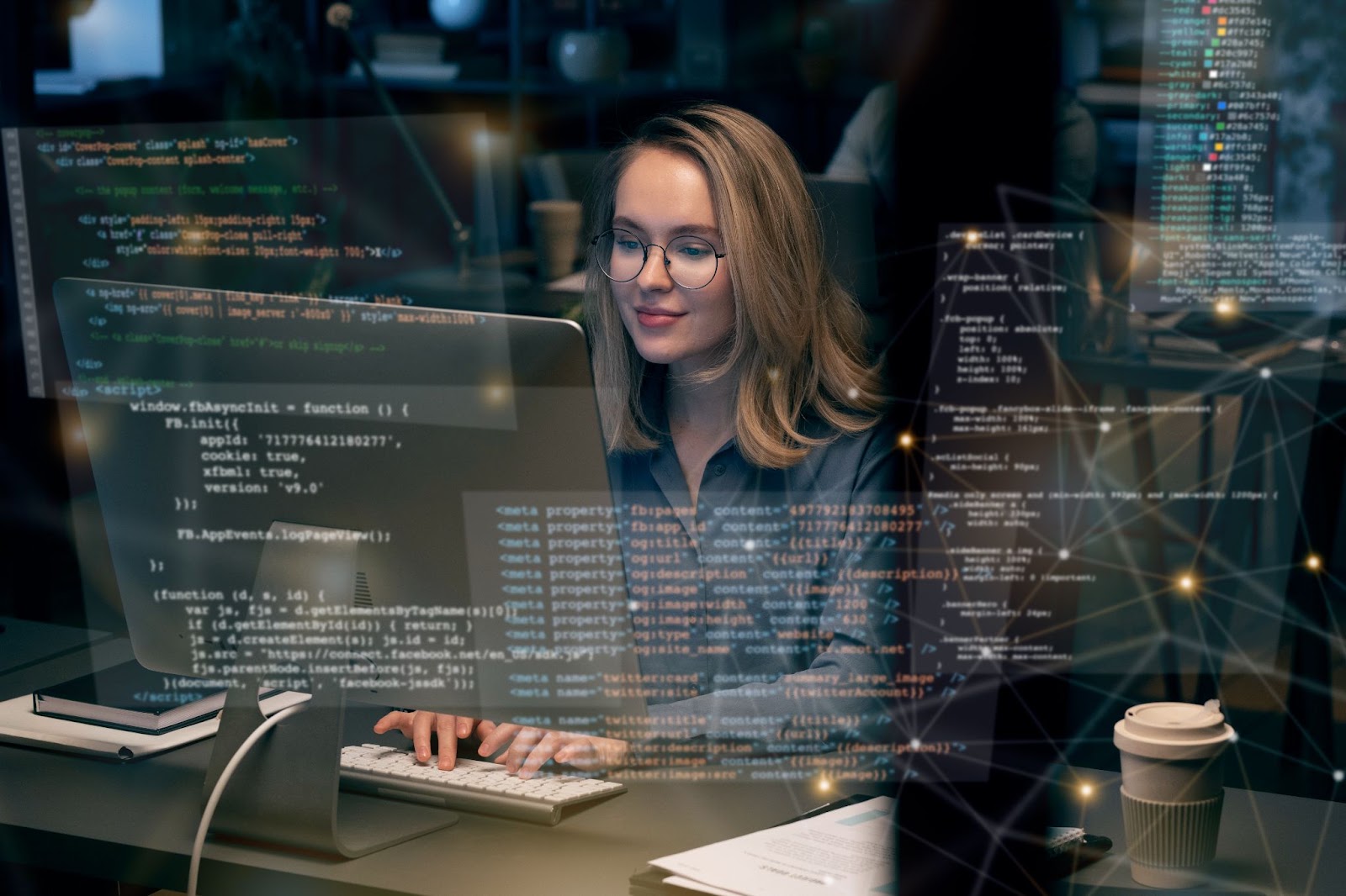 Développeuse concentrée devant un écran, du code et des balises d’interface en surimpression