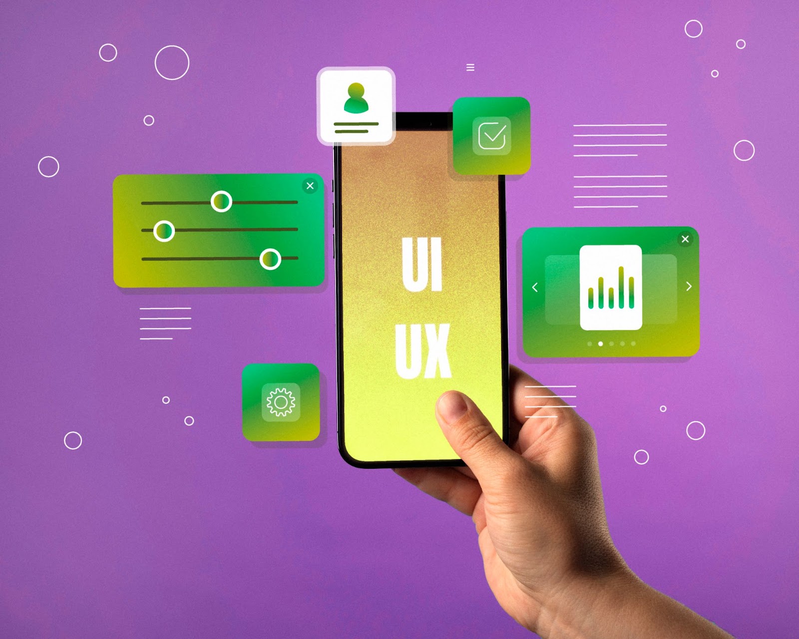 Illustration : main tenant un smartphone UI UX, entourée d’éléments d’interface verts sur fond violet