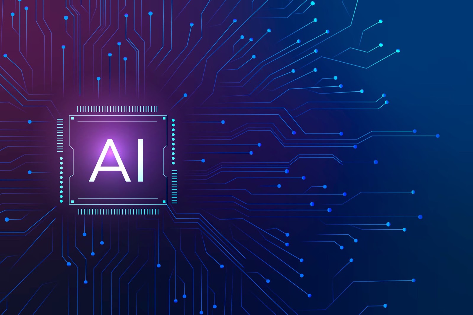 Illustration : puce électronique portant la mention AI connectée à un circuit imprimé lumineux