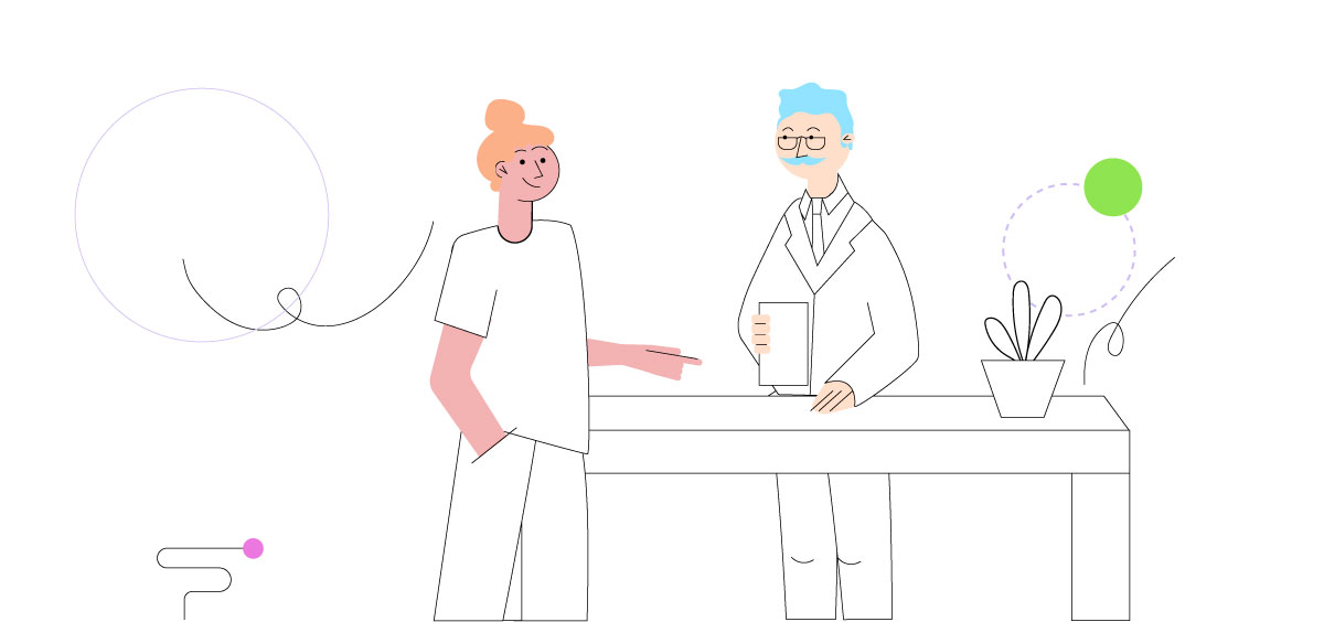Illustration au trait : un patient échange avec un médecin âgé de part et d’autre d’une table