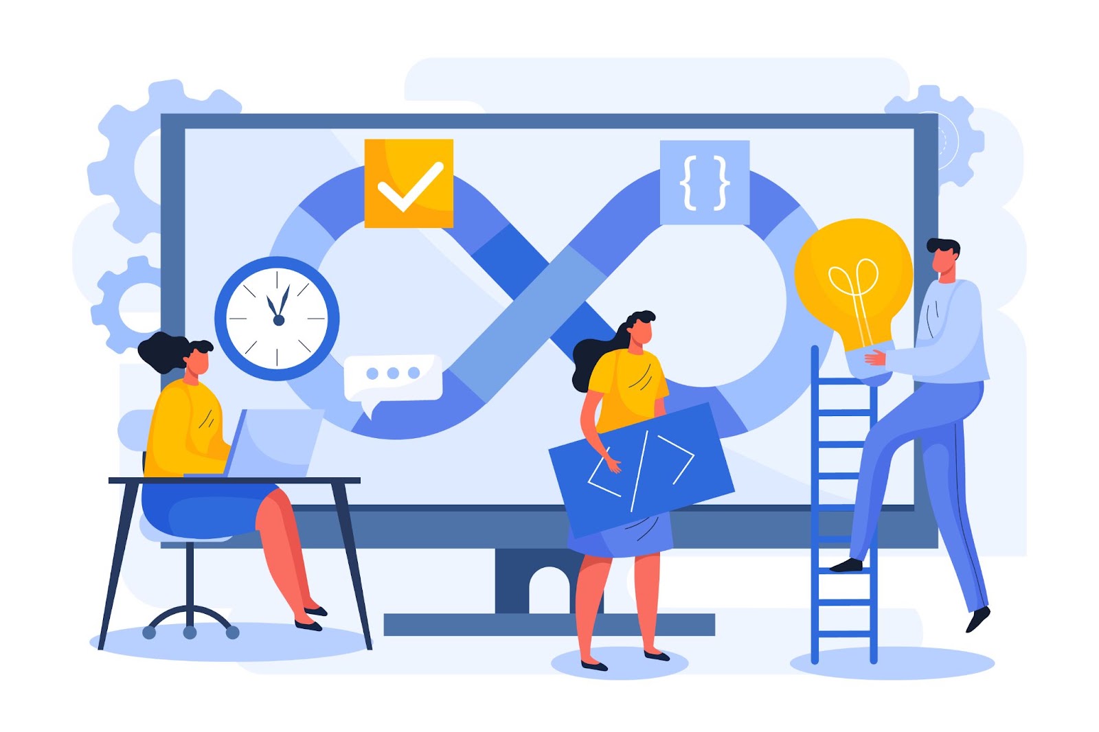 Illustration plate : une équipe travaille autour d’un grand écran affichant une boucle DevOps et des symboles de code