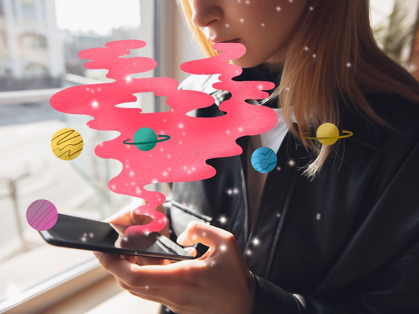 Illustration : jeune femme consultant son smartphone, entourée d’un nuage rose étoilé et de planètes stylisées