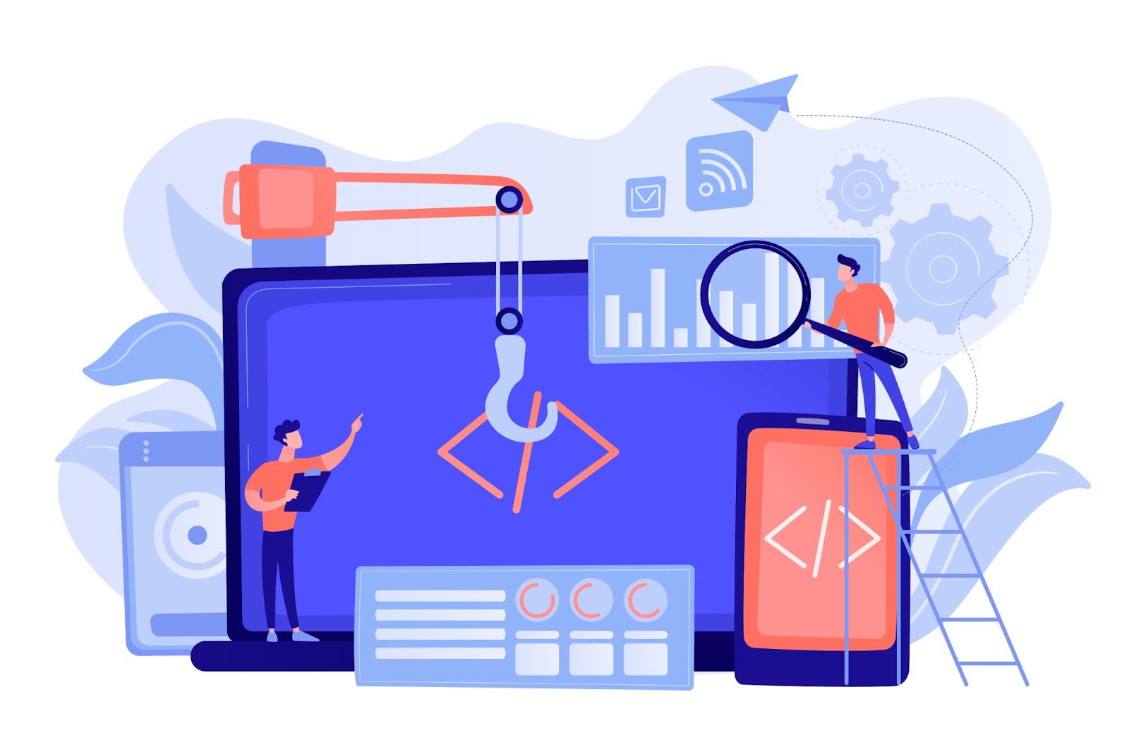 Illustration plate : une équipe assemble du code et des composants devant un grand écran de développement