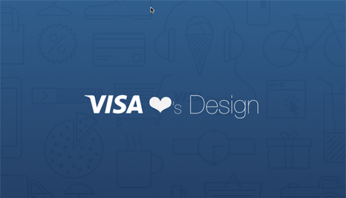 Écran-titre VISA loves Design en lettres blanches sur fond bleu orné de pictogrammes en filigrane