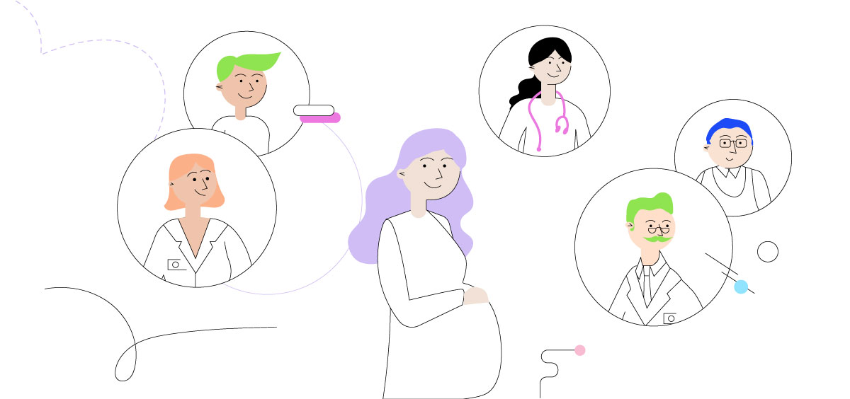 Illustration au trait : une femme enceinte entourée de portraits de soignants dans des bulles