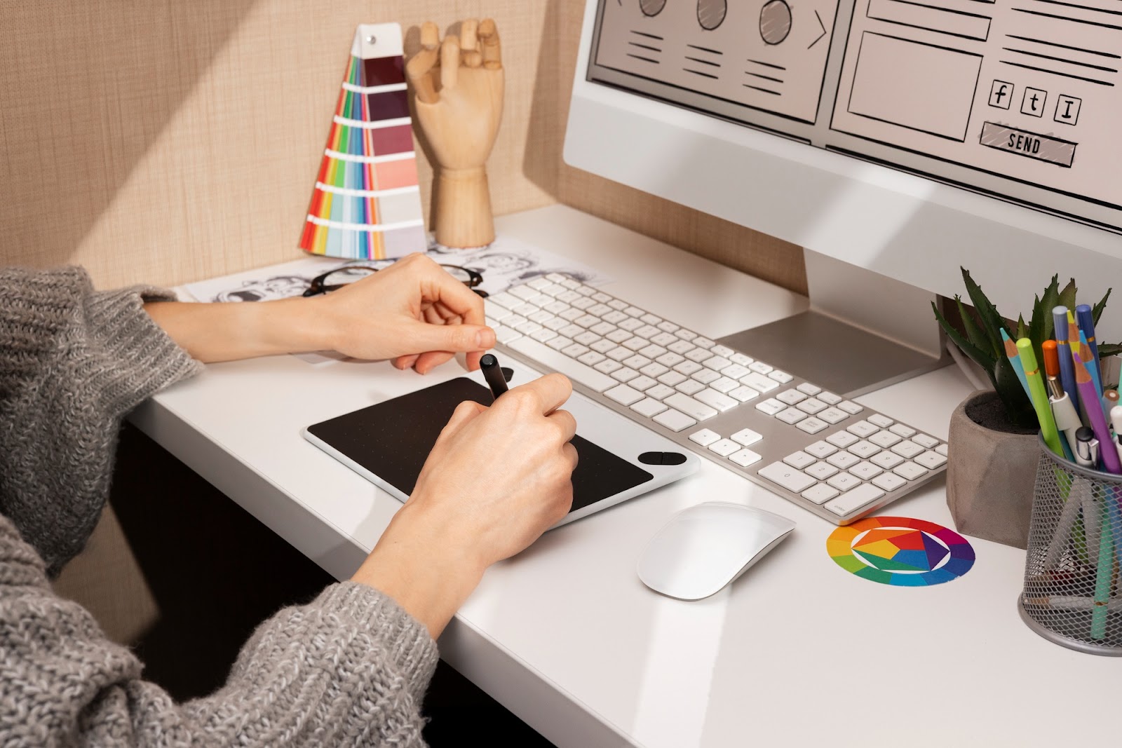 Poste de designer : deux mains dessinent au stylet sur une tablette graphique, près d’un nuancier Pantone et d’une roue chromatique